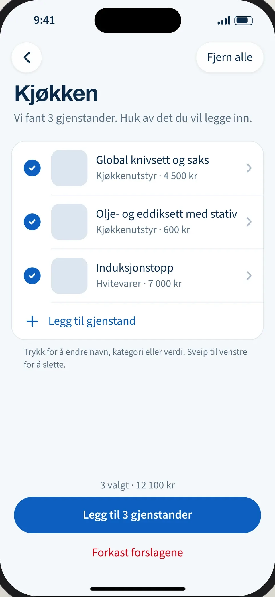 Forslag fra analysen: knivsett, olje- og eddiksett og induksjonstopp, med kategori og verdi.
