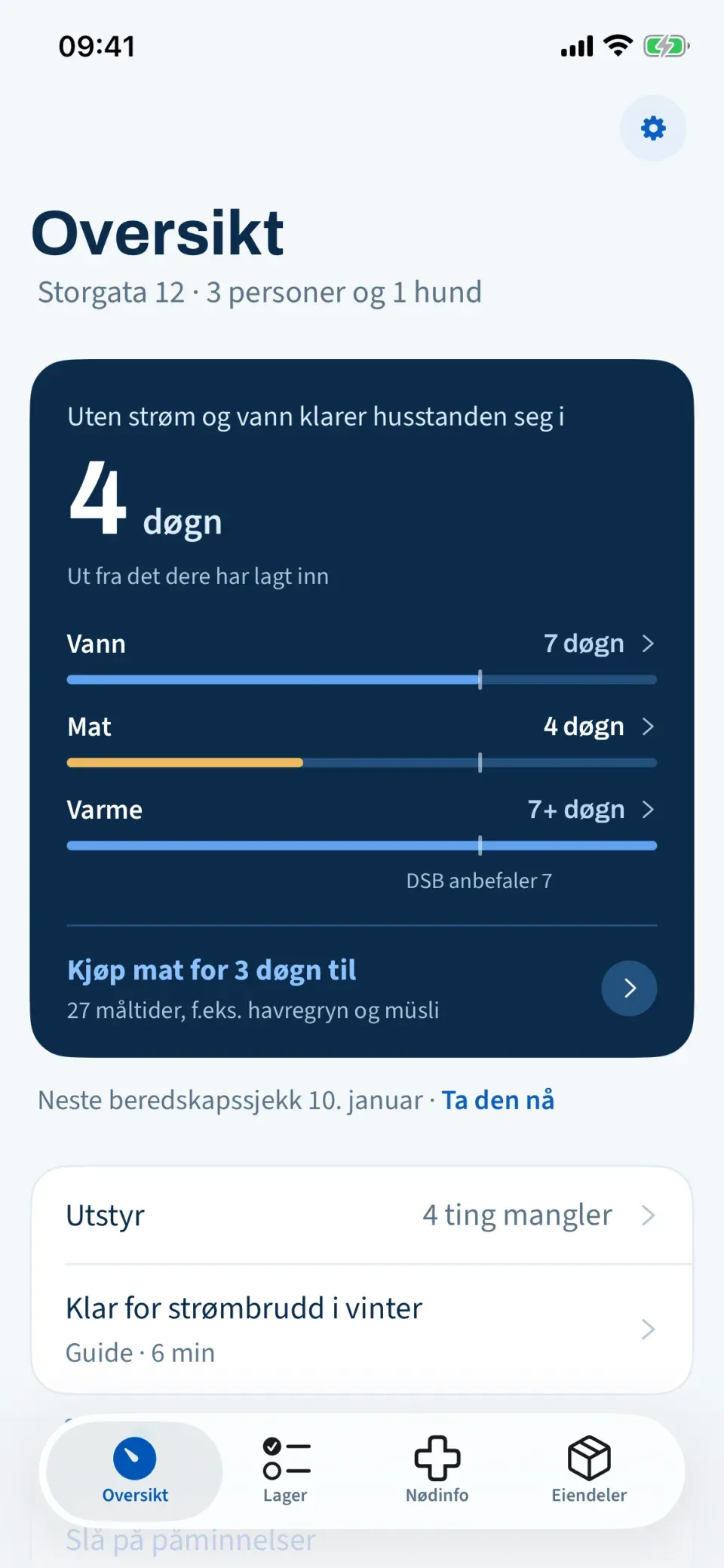 Oversikt i appen: «Uten strøm og vann klarer husstanden seg i 4 døgn», med vann, mat og varme hver for seg, og «Kjøp mat for 3 døgn til» under.